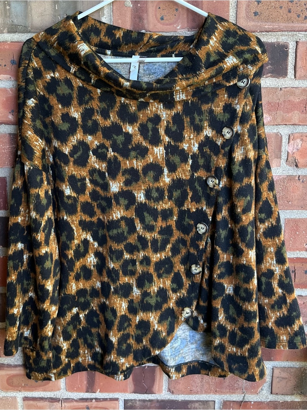 NY Collection Leopard Print Button Cowl Neck Top in Black and Brown Size 1X.